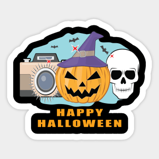 Happy Photography Halloween - Spooky Skull, Pumpkin & Camera Sticker